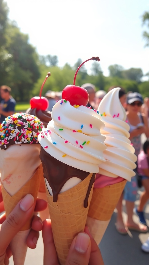 A variety of ice cream cones with different flavors and toppings against a sunny park backdrop.